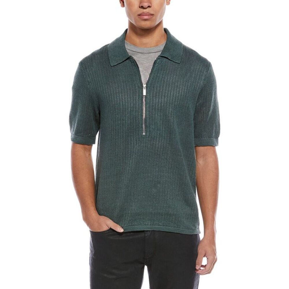 Helmut Lang Mens  Zip Linen Polo Shirt, Green